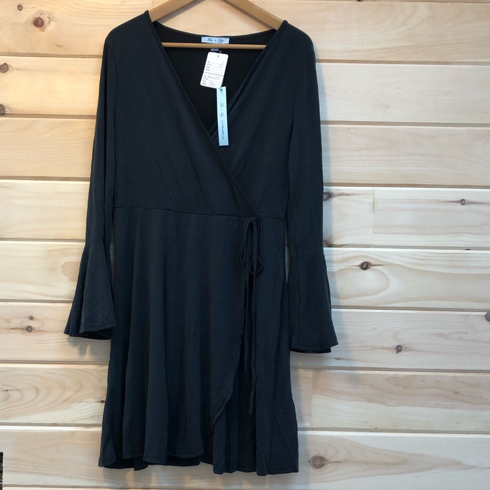 NWT She and Sky charcoal dress w/ bell sleeves